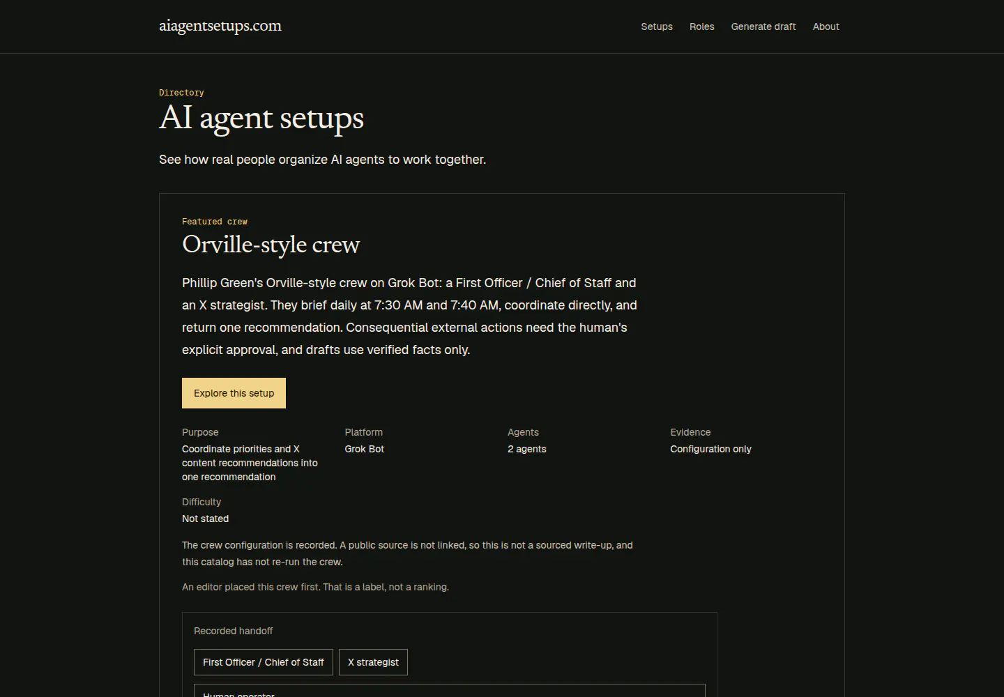 The aiagentsetups.com homepage, with the heading AI agent setups and a listed crew entry.